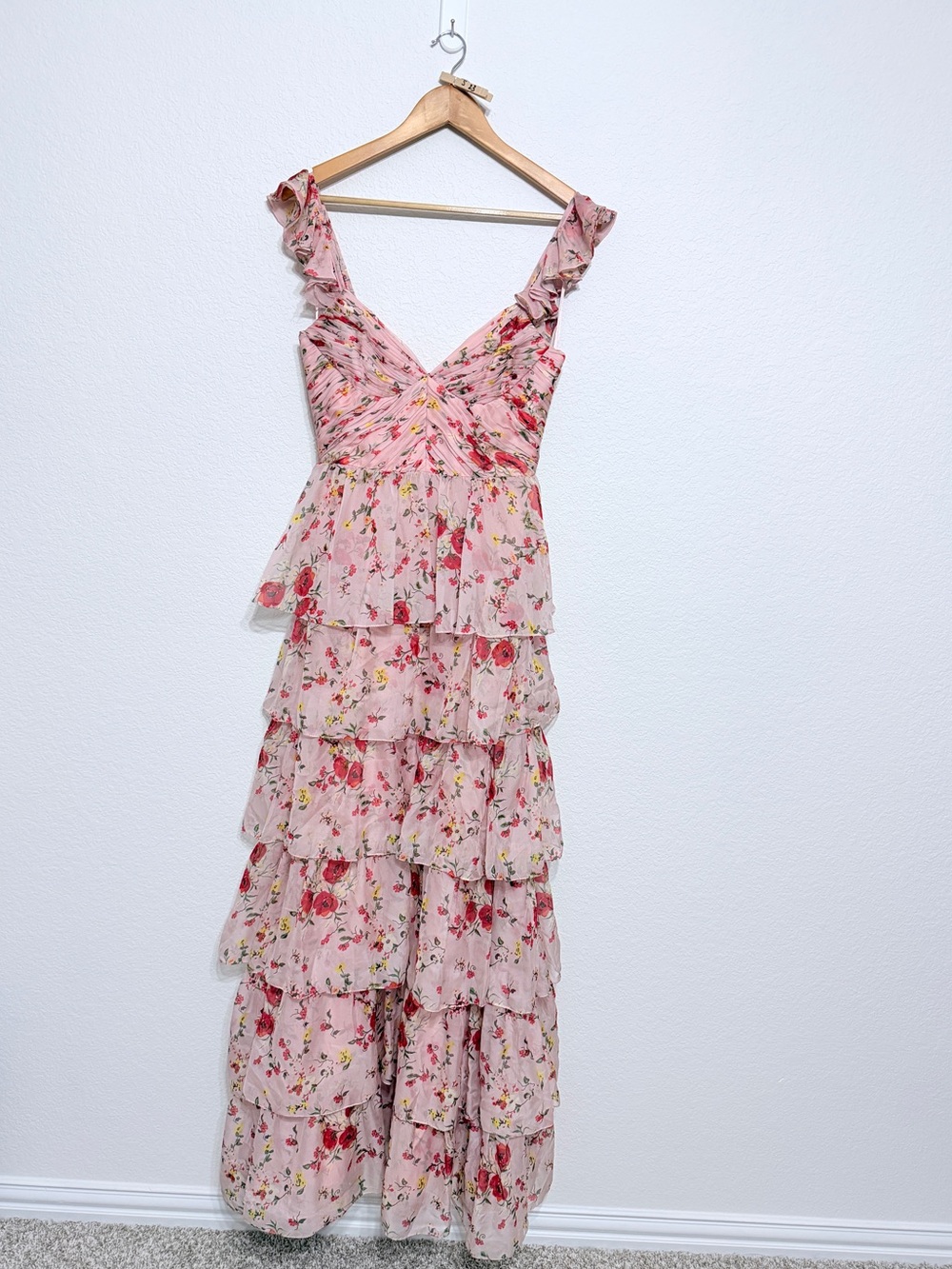 Anthropologie Mac Duggal Pink Floral Tiered Ruffle Maxi Dress size 4 - Picture 4 of 15